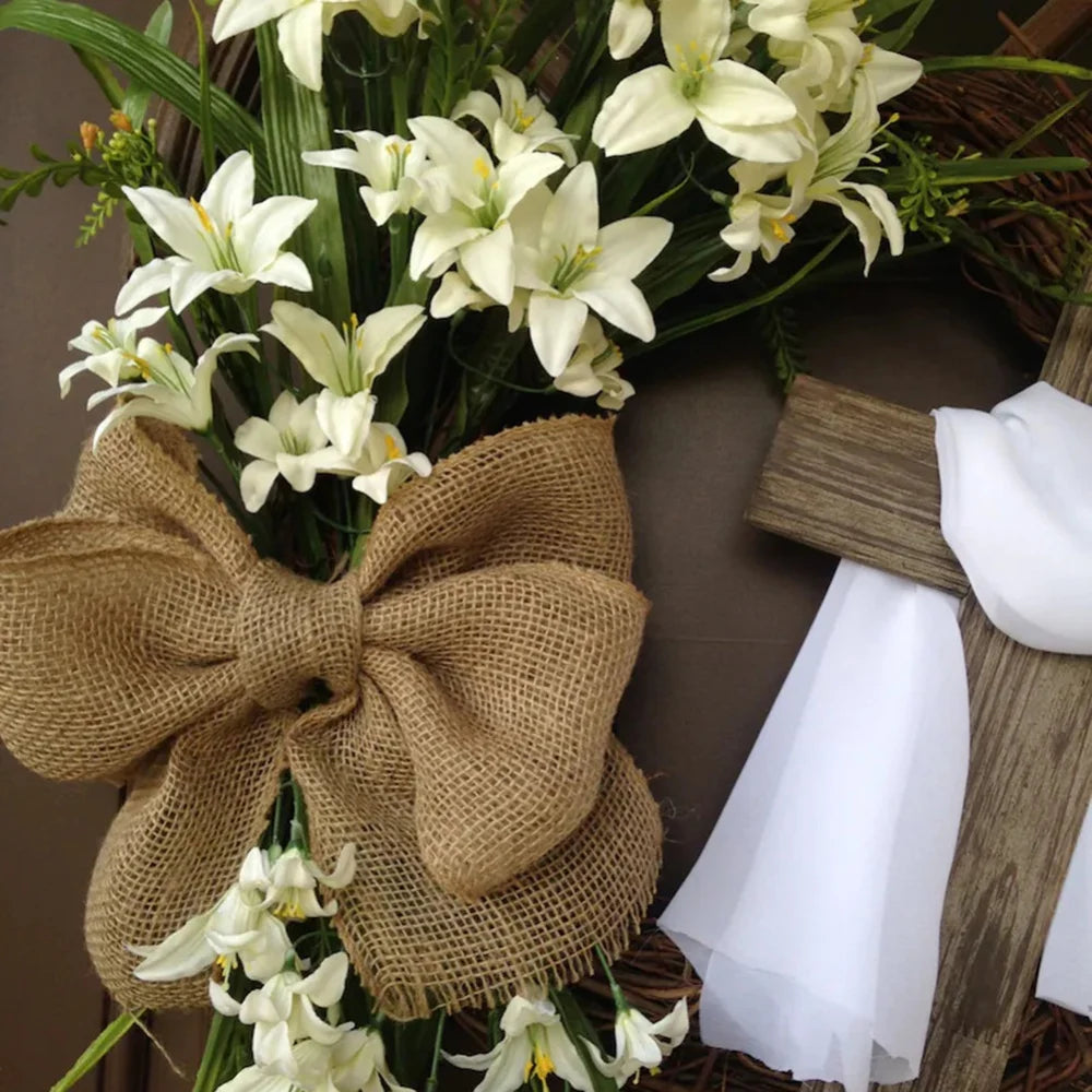 Rustic Easter Cross Wreath | Burlap Bow & Rattan Spring Door Decor