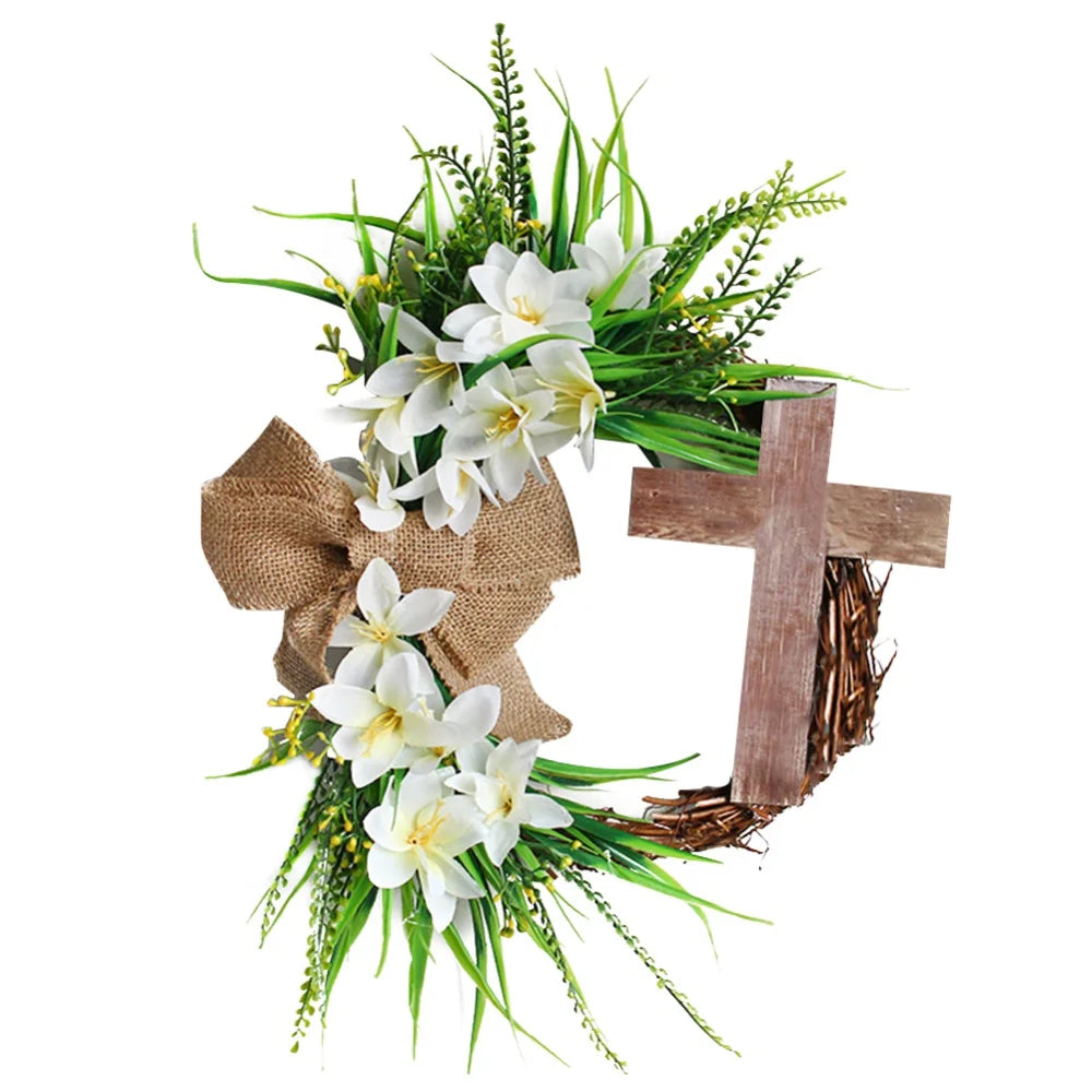 Rustic Easter Cross Wreath | Burlap Bow & Rattan Spring Door Decor