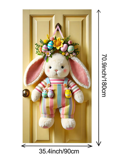Easter Bunny Door Cover | Plush Wreath & Egg Ribbon Porch Decor