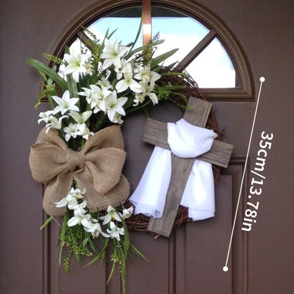 Rustic Easter Cross Wreath | Burlap Bow & Rattan Spring Door Decor