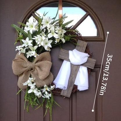 Rustic Easter Cross Wreath | Burlap Bow & Rattan Spring Door Decor
