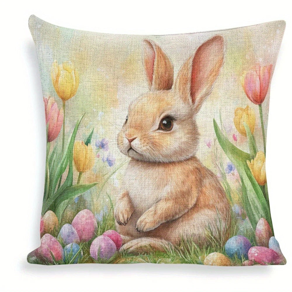 Happy Easter Pillow Cover | Farmhouse Rabbit & Tulip Decor