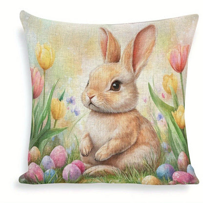Happy Easter Pillow Cover | Farmhouse Rabbit & Tulip Decor