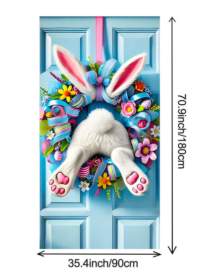 Easter Bunny Door Cover | Plush Wreath & Egg Ribbon Porch Decor