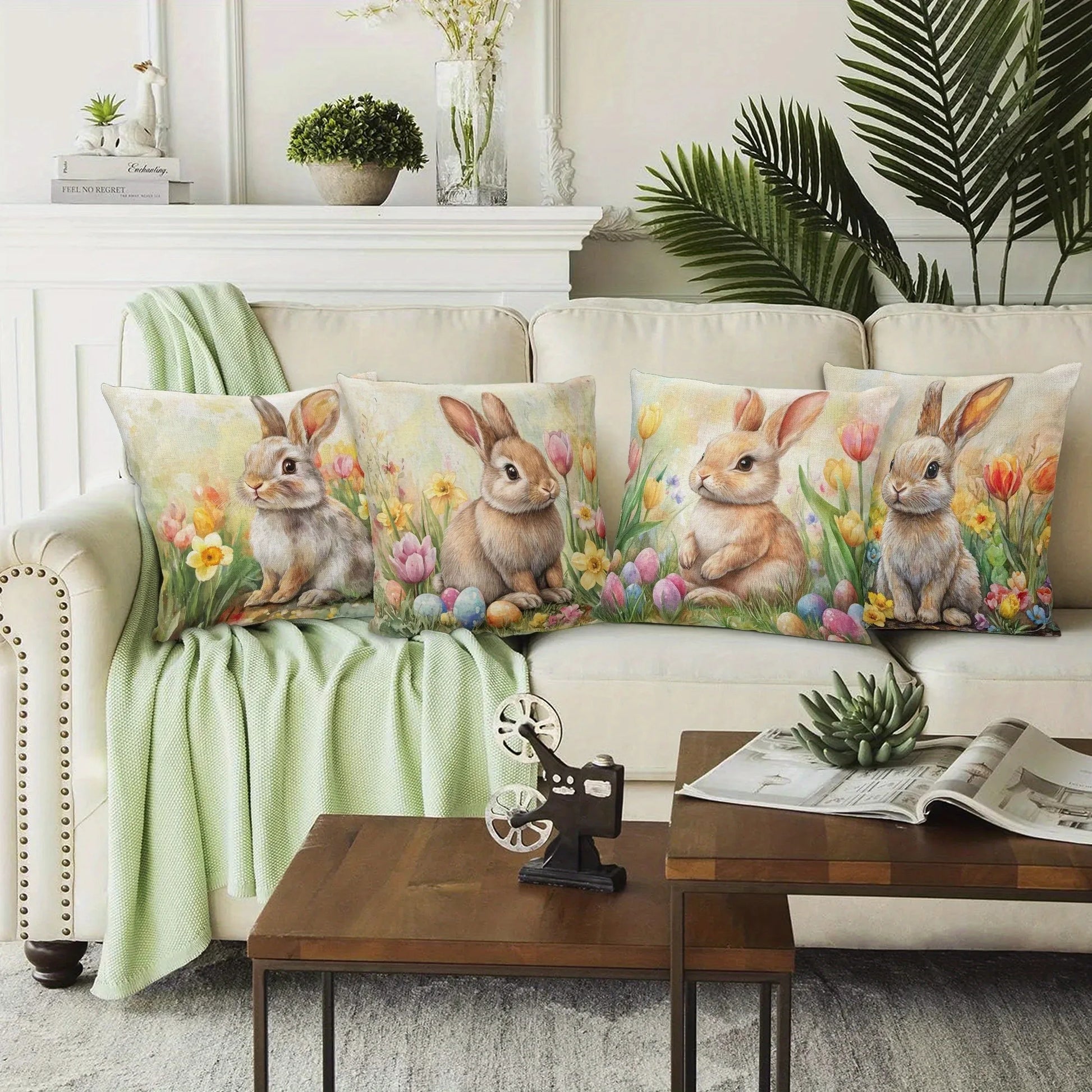 Happy Easter Pillow Cover | Farmhouse Rabbit & Tulip Decor