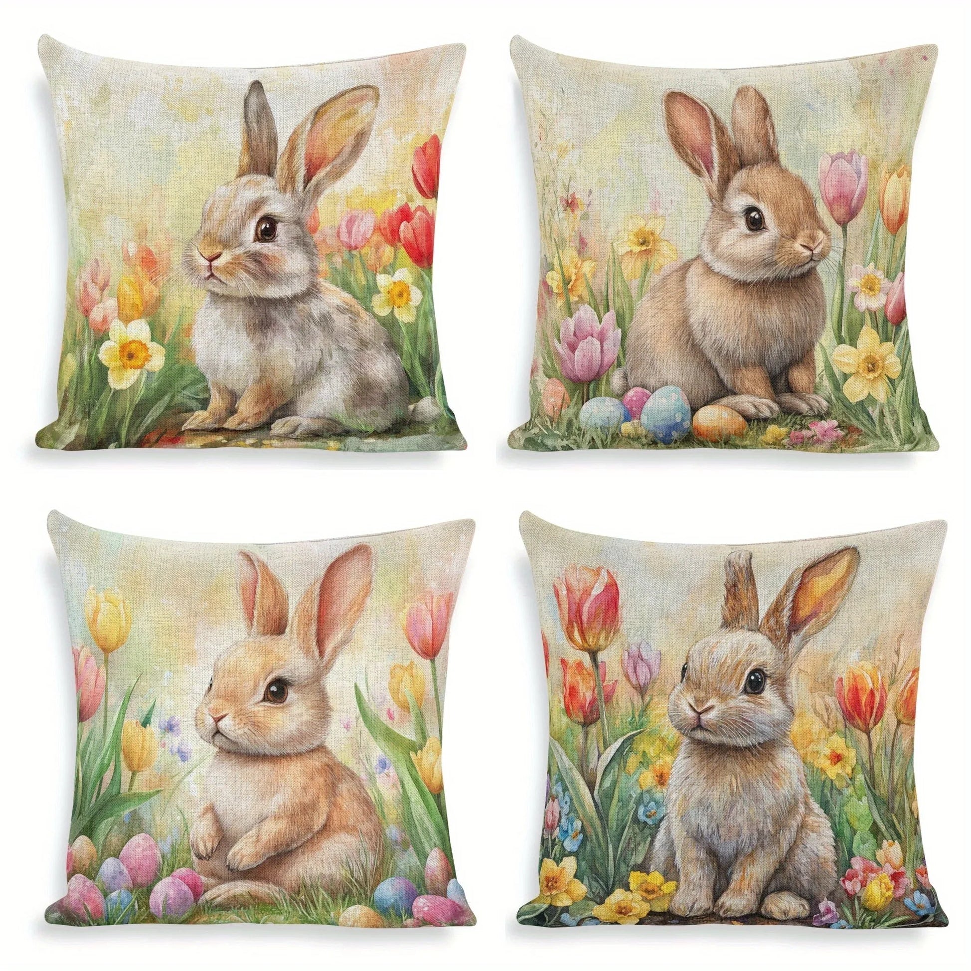 Happy Easter Pillow Cover | Farmhouse Rabbit & Tulip Decor