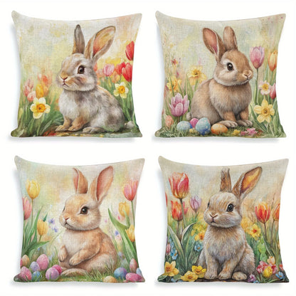 Happy Easter Pillow Cover | Farmhouse Rabbit & Tulip Decor