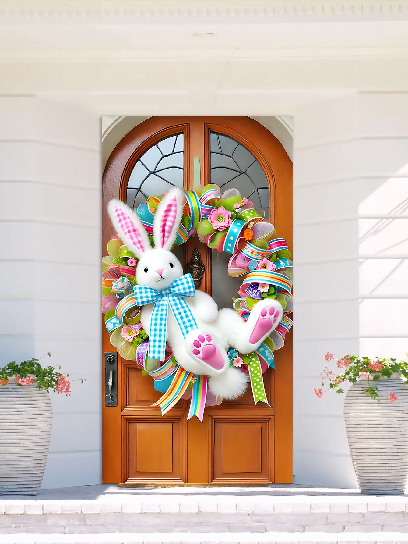 Easter Bunny Door Cover | Plush Wreath & Egg Ribbon Porch Decor