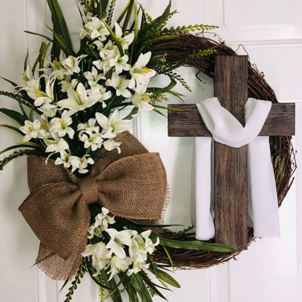 Rustic Easter Cross Wreath | Burlap Bow & Rattan Spring Door Decor