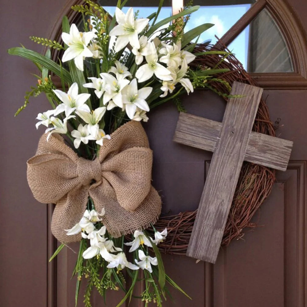 Rustic Easter Cross Wreath | Burlap Bow & Rattan Spring Door Decor