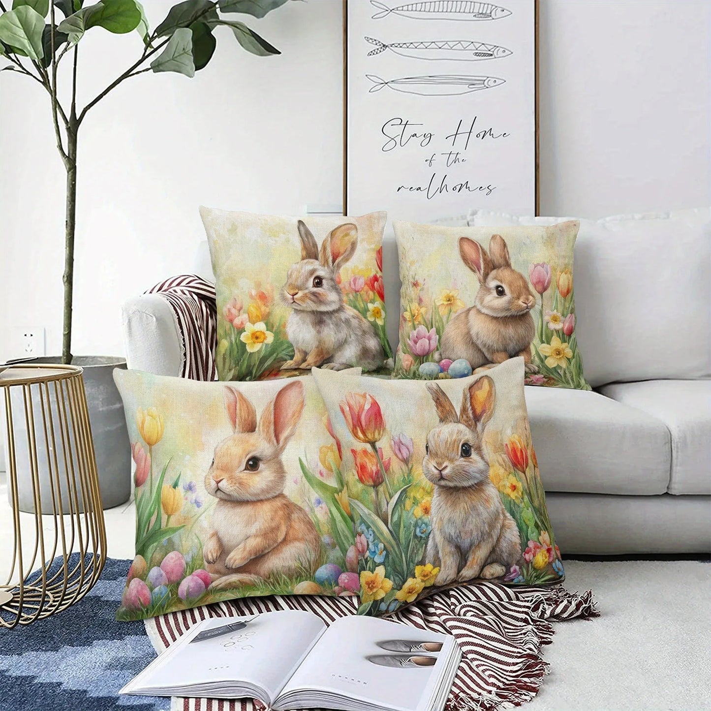 Happy Easter Pillow Cover | Farmhouse Rabbit & Tulip Decor