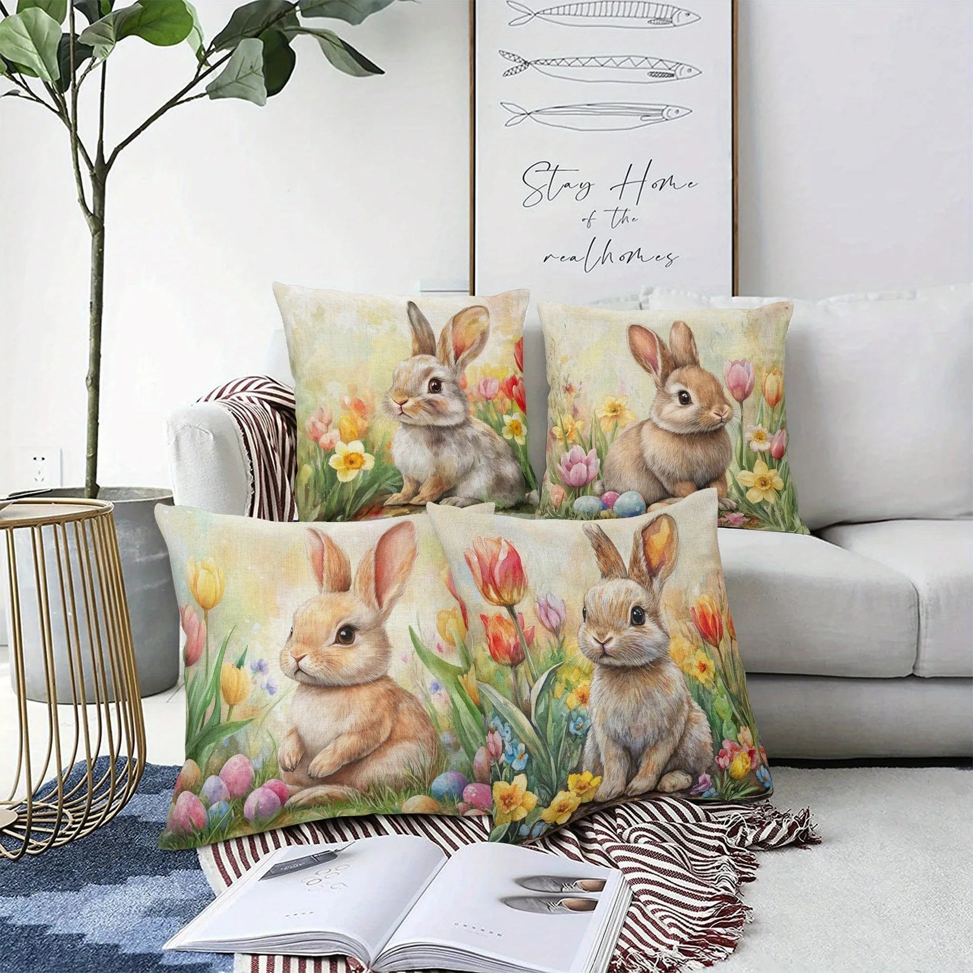 Happy Easter Pillow Cover | Farmhouse Rabbit & Tulip Decor