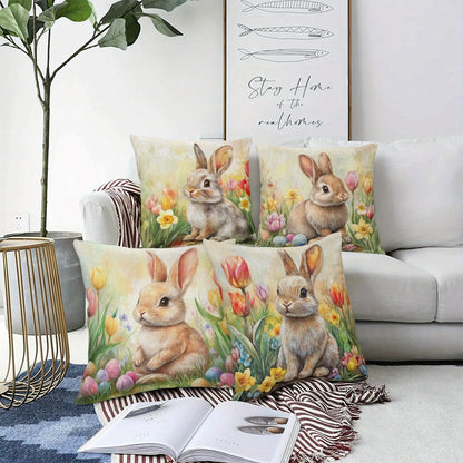 Happy Easter Pillow Cover | Farmhouse Rabbit & Tulip Decor