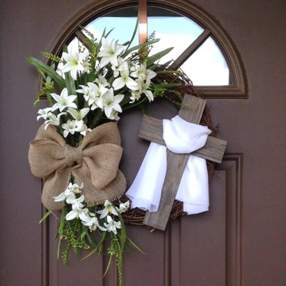 Rustic Easter Cross Wreath | Burlap Bow & Rattan Spring Door Decor