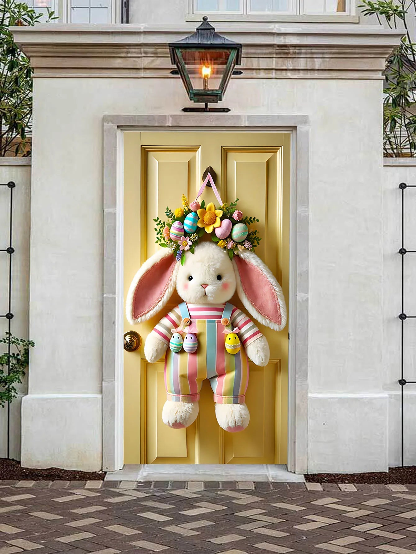 Easter Bunny Door Cover | Plush Wreath & Egg Ribbon Porch Decor