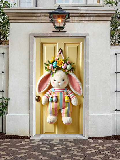 Easter Bunny Door Cover | Plush Wreath & Egg Ribbon Porch Decor