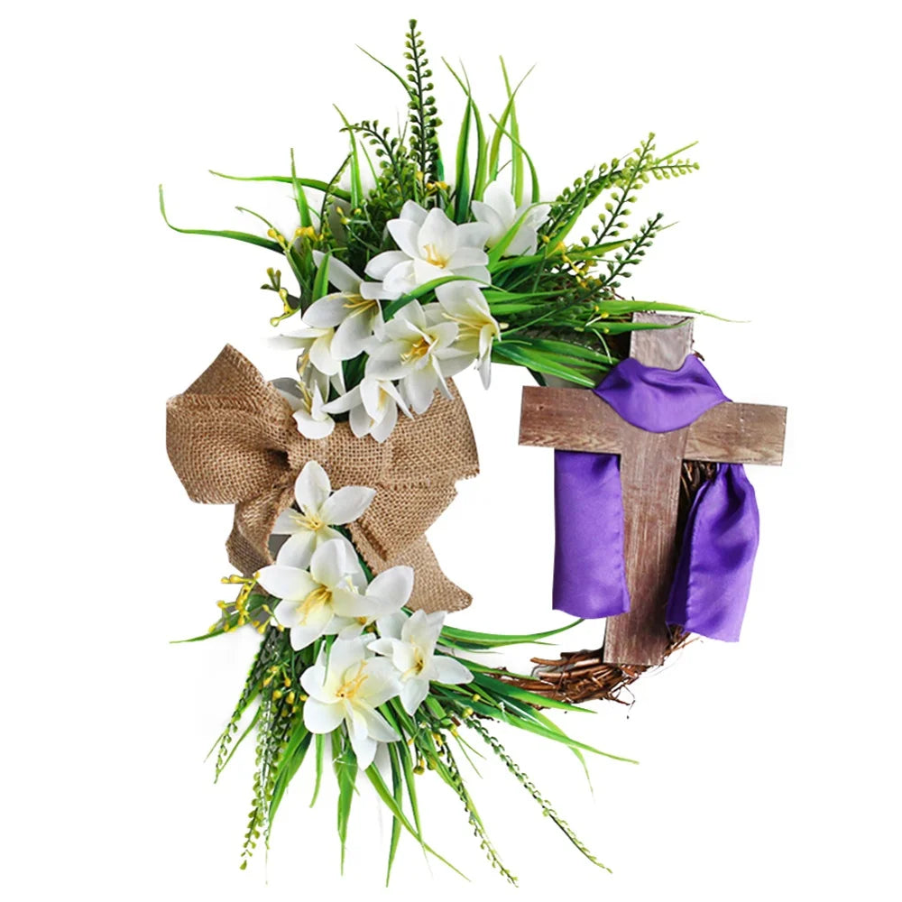 Rustic Easter Cross Wreath | Burlap Bow & Rattan Spring Door Decor
