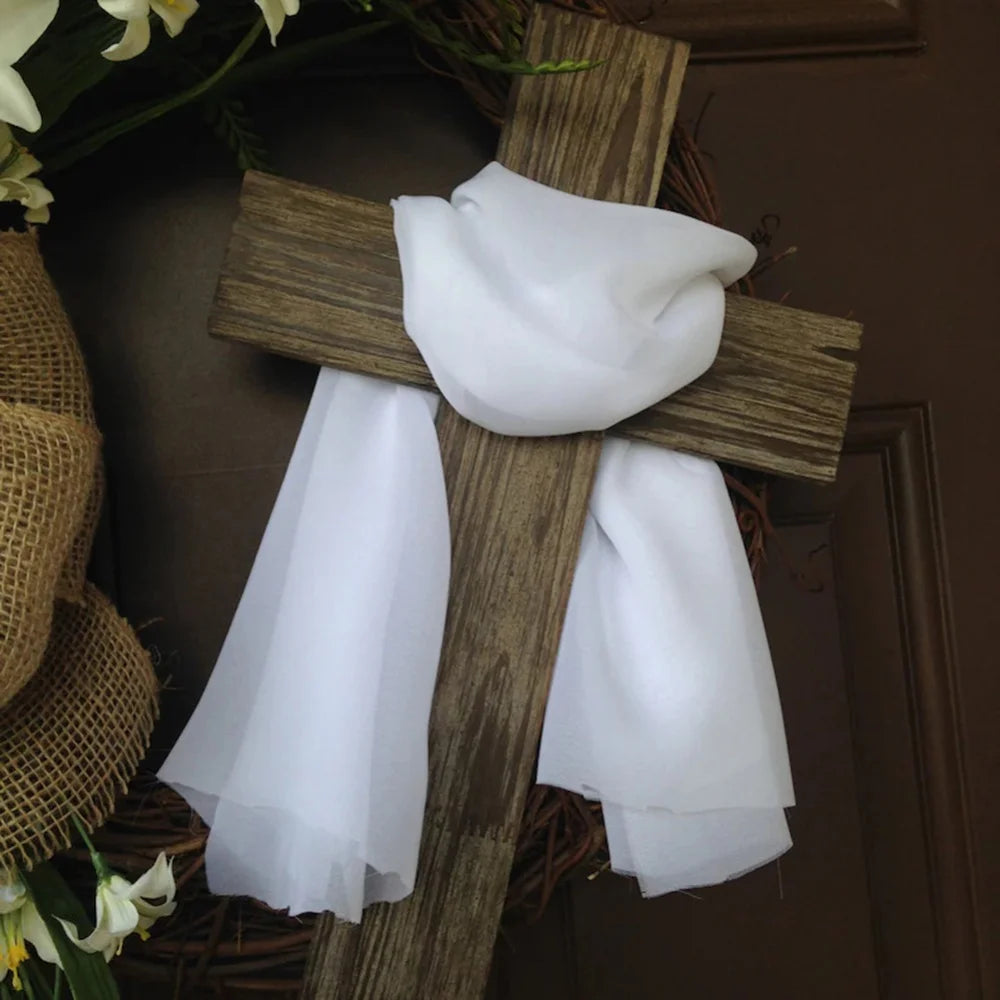 Rustic Easter Cross Wreath | Burlap Bow & Rattan Spring Door Decor