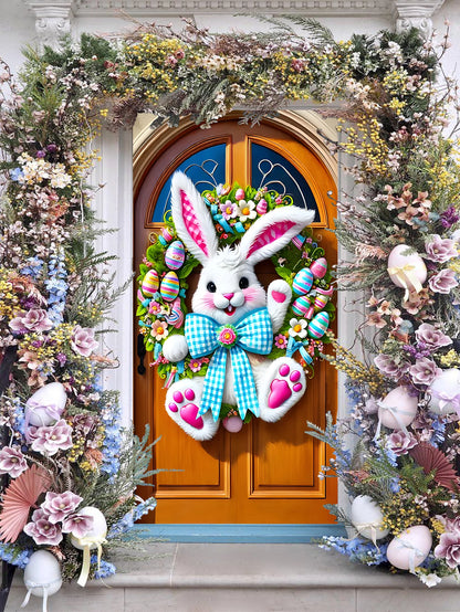 Easter Bunny Door Cover | Plush Wreath & Egg Ribbon Porch Decor