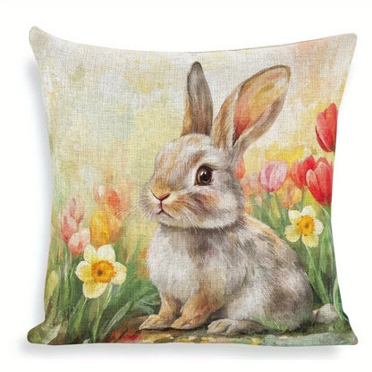 Happy Easter Pillow Cover | Farmhouse Rabbit & Tulip Decor