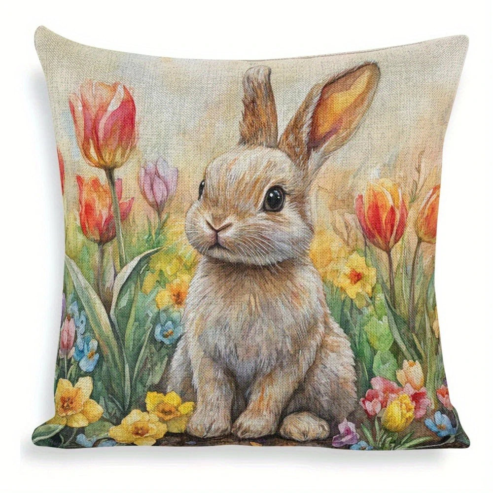 Happy Easter Pillow Cover | Farmhouse Rabbit & Tulip Decor