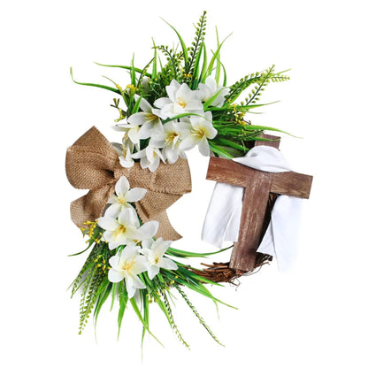 Rustic Easter Cross Wreath | Burlap Bow & Rattan Spring Door Decor