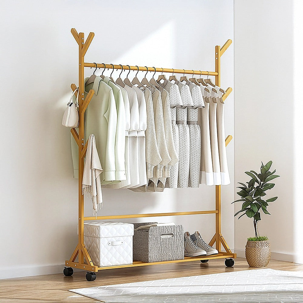 Portable Clothes Rack Coat Garment Stand Bamboo Rail Hanger Airer Closet