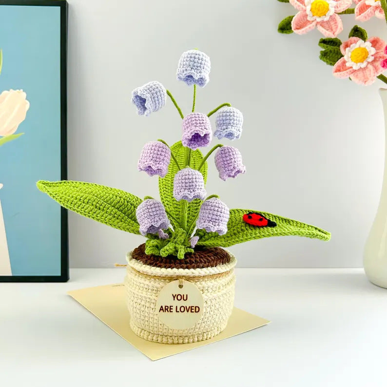Purple Handmade Crochet Lily of the Valley Potted Plant - Gradient Blue Flower Decor Gift