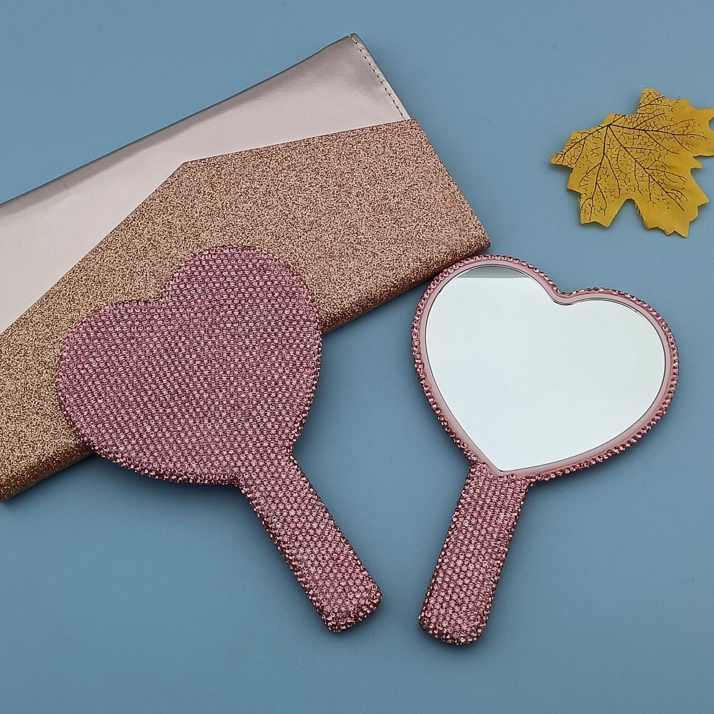 2PCS Pink Glamorous Diamond-Encrusted Heart Handheld Mirror - Luxe High-Definition Makeup Essential
