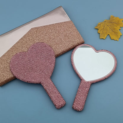2PCS Pink Glamorous Diamond-Encrusted Heart Handheld Mirror - Luxe High-Definition Makeup Essential