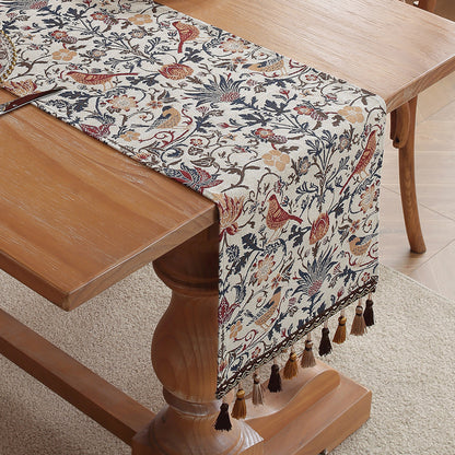 Jacquard Magpie American Retro Jacquard Embroidered Table Runner - Light Luxury Table Mat 30cm x 180cm with Tassels