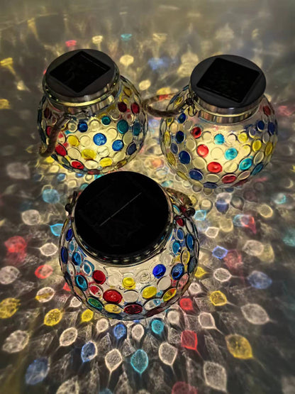Colorful White Light Mosaic Solar Lantern - Decorative Stained Glass Jar Light for Garden Patio and Tabletop Decor