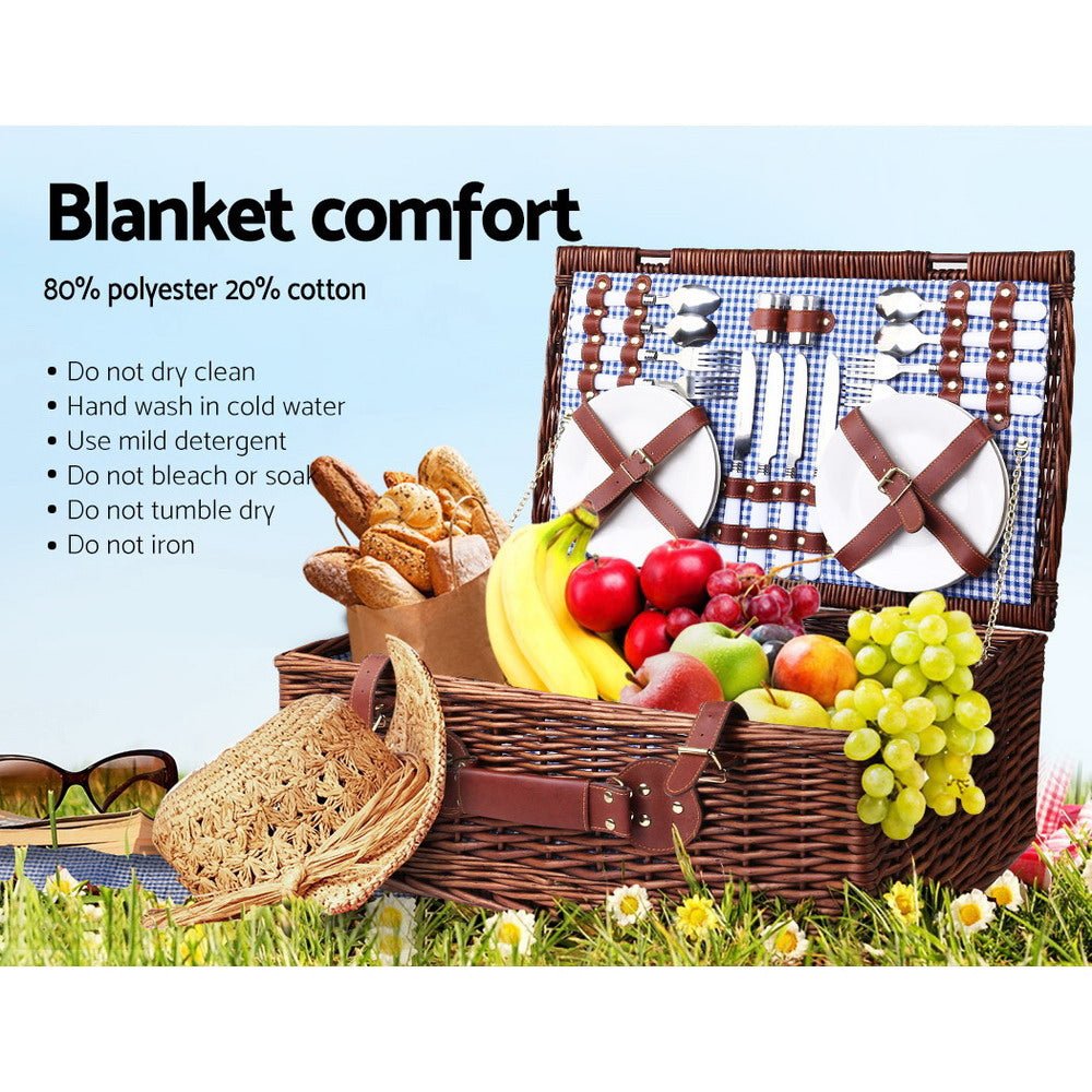 Alfresco 4 Person Picnic Basket Set Insulated Blanket Storage Bag 