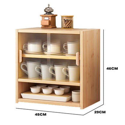 Bamboo Dustproof Cup Storage Cabinet with Sliding Acrylic Door 