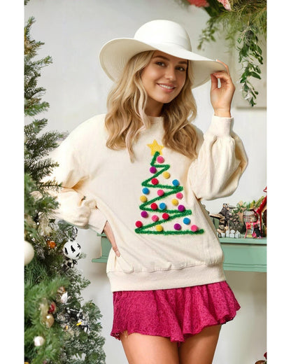 Beige Pom - Pom Christmas Tree Pattern O Neck Sweatshirt - L - casaculinary