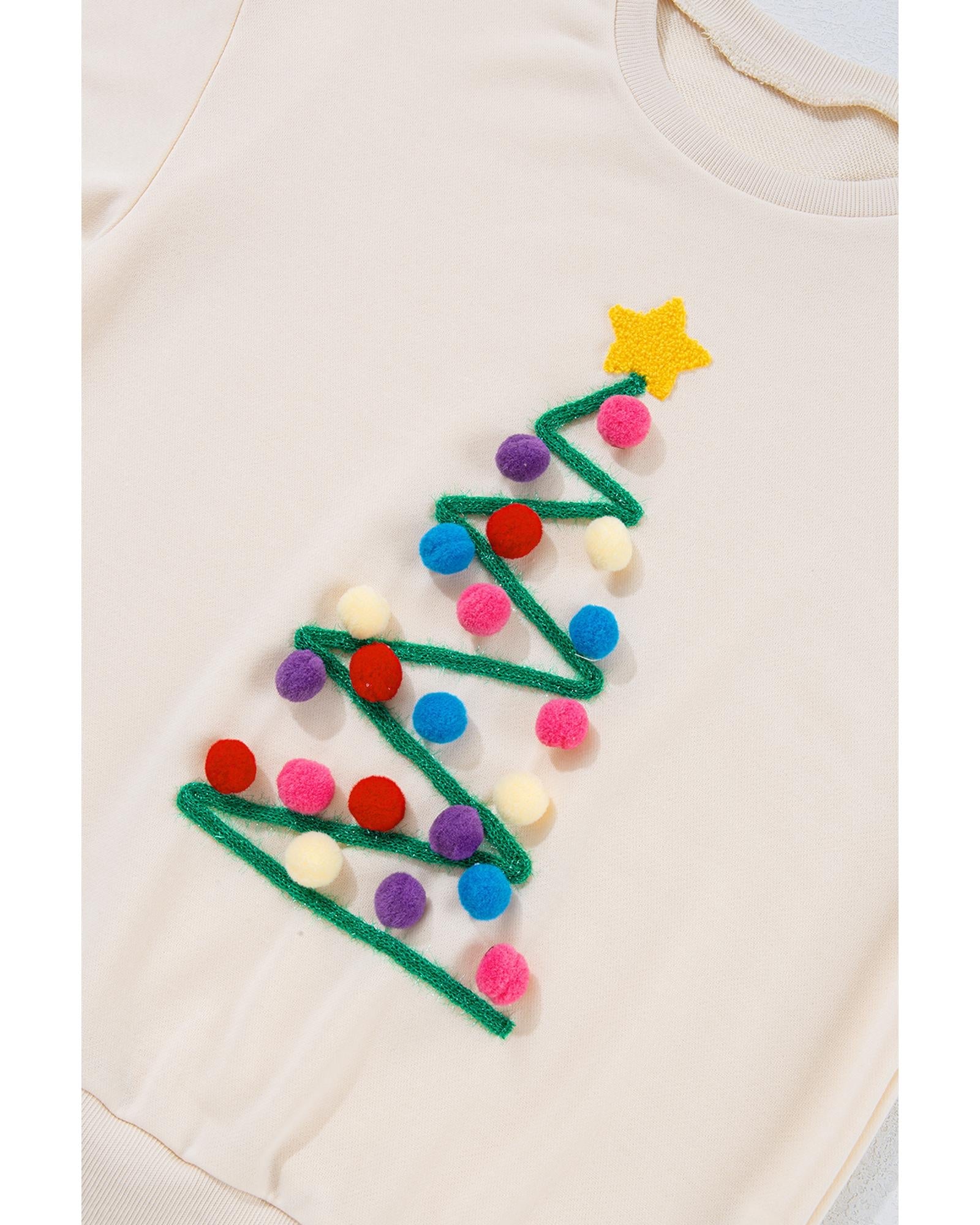 Beige Pom - Pom Christmas Tree Pattern O Neck Sweatshirt - L - casaculinary