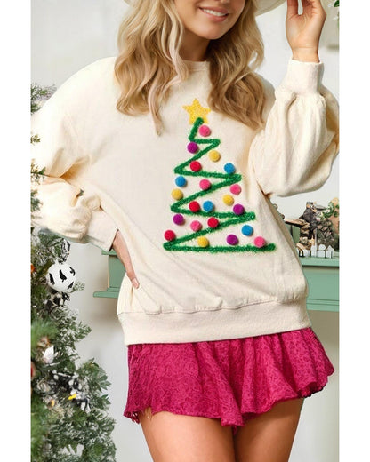 Beige Pom - Pom Christmas Tree Pattern O Neck Sweatshirt - L - casaculinary