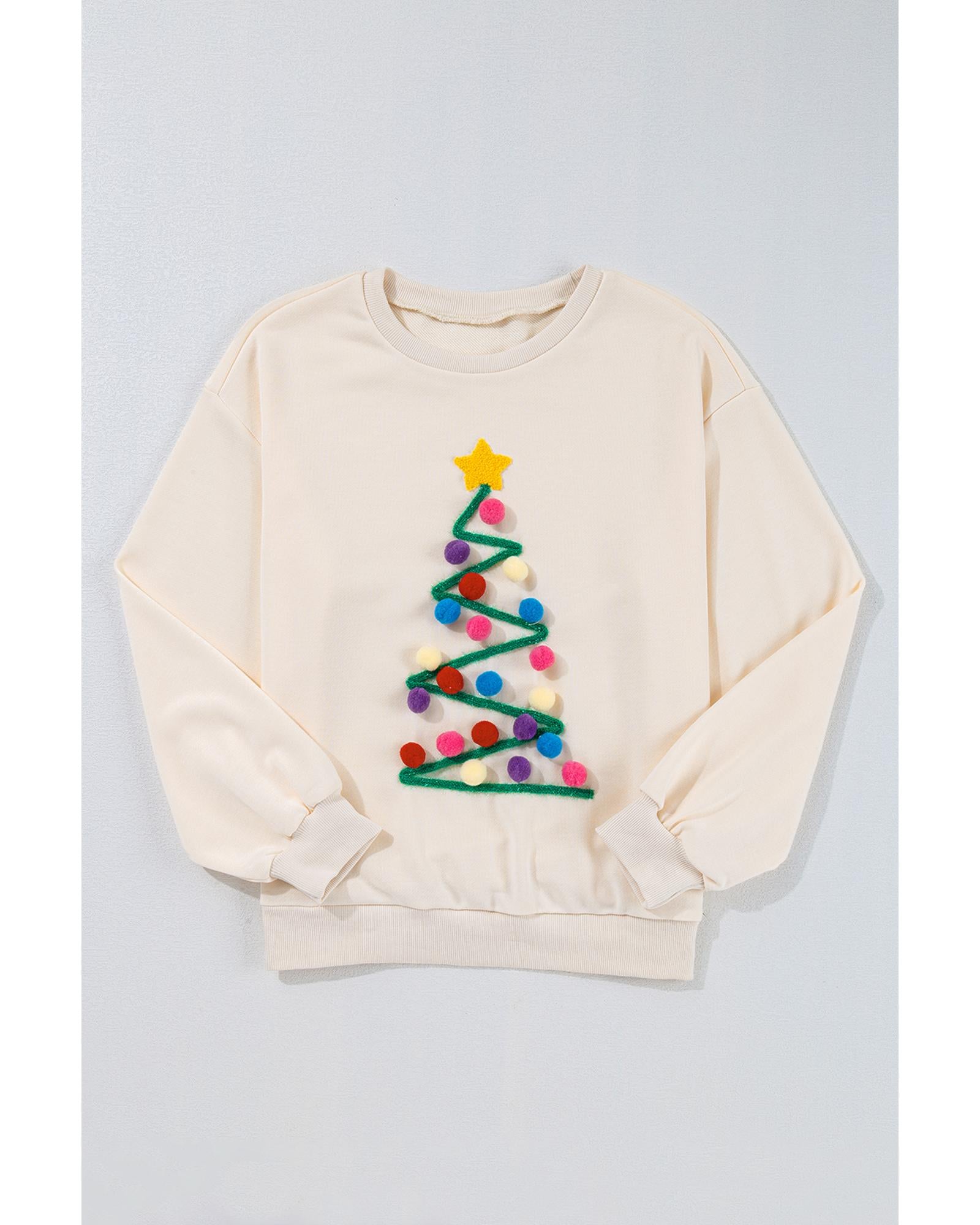 Beige Pom - Pom Christmas Tree Pattern O Neck Sweatshirt - L - casaculinary
