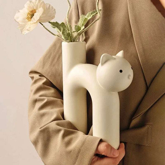 Ceramic Cartoon Cat Vase: Cute Tubular Cat Aesthetic Matte U Shape Cream Wind Vase for Decor 