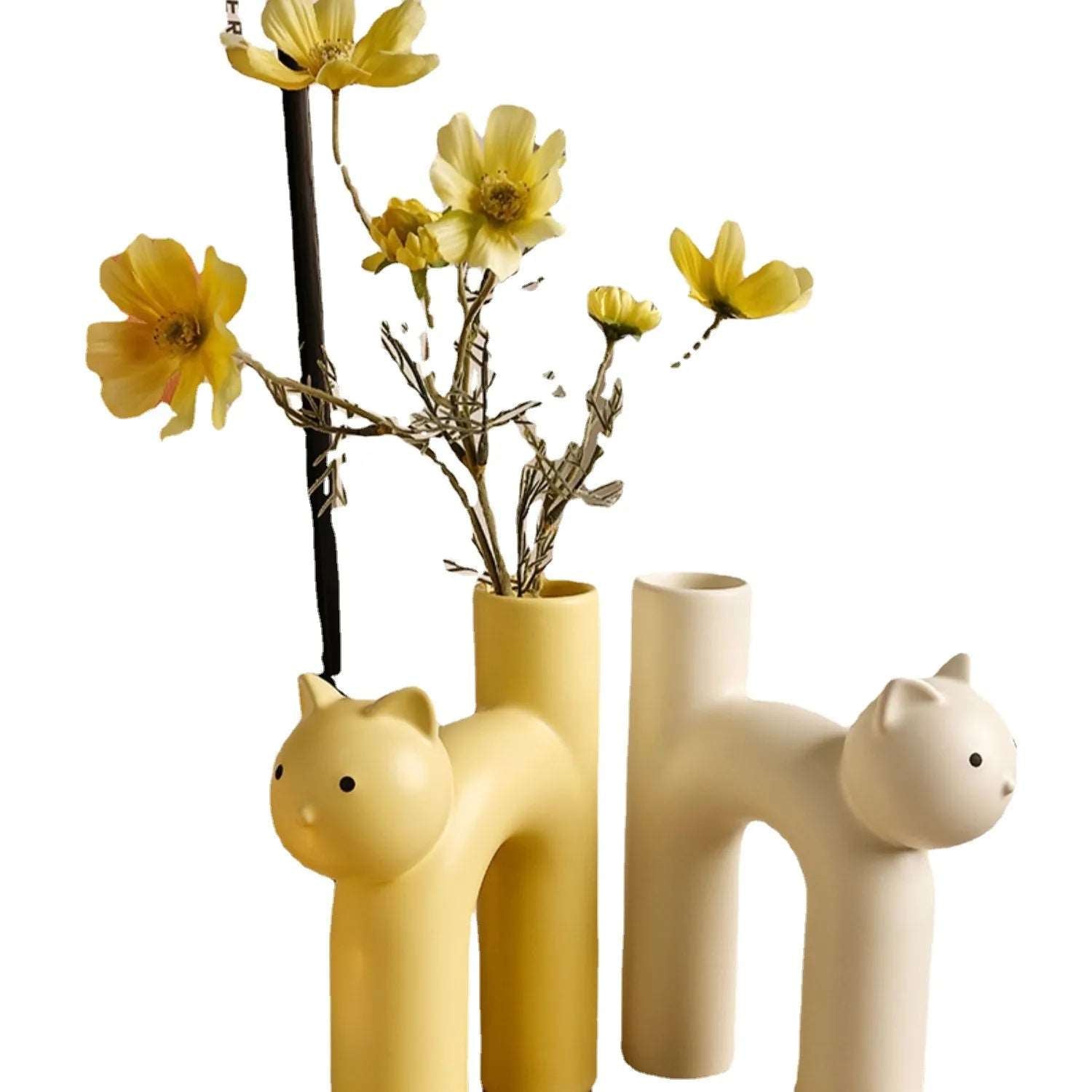 Ceramic Cartoon Cat Vase: Cute Tubular Cat Aesthetic Matte U Shape Cream Wind Vase for Decor 