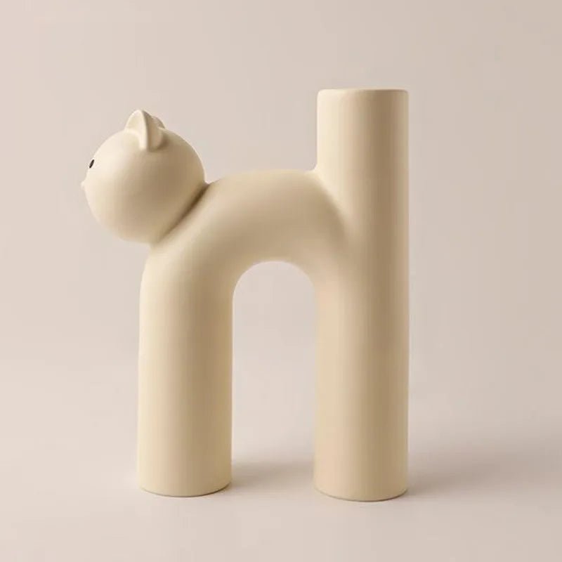 Ceramic Cartoon Cat Vase: Cute Tubular Cat Aesthetic Matte U Shape Cream Wind Vase for Decor 