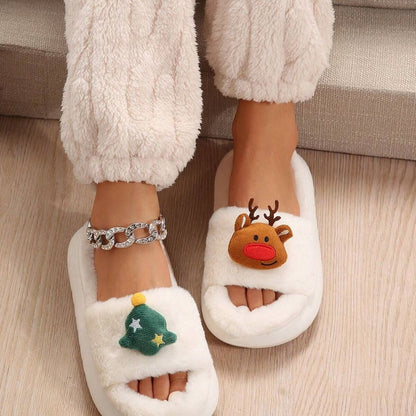 Christmas Cartoon Plush Slippers, Unisex Lightweight Thick - Soled Anti - Slip Fuzzy Slippers for Couples & Family(milky white - 35 - 36) - casaculinary