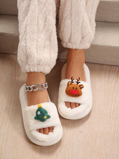 Christmas Cartoon Plush Slippers, Unisex Lightweight Thick - Soled Anti - Slip Fuzzy Slippers for Couples & Family(milky white - 35 - 36) - casaculinary