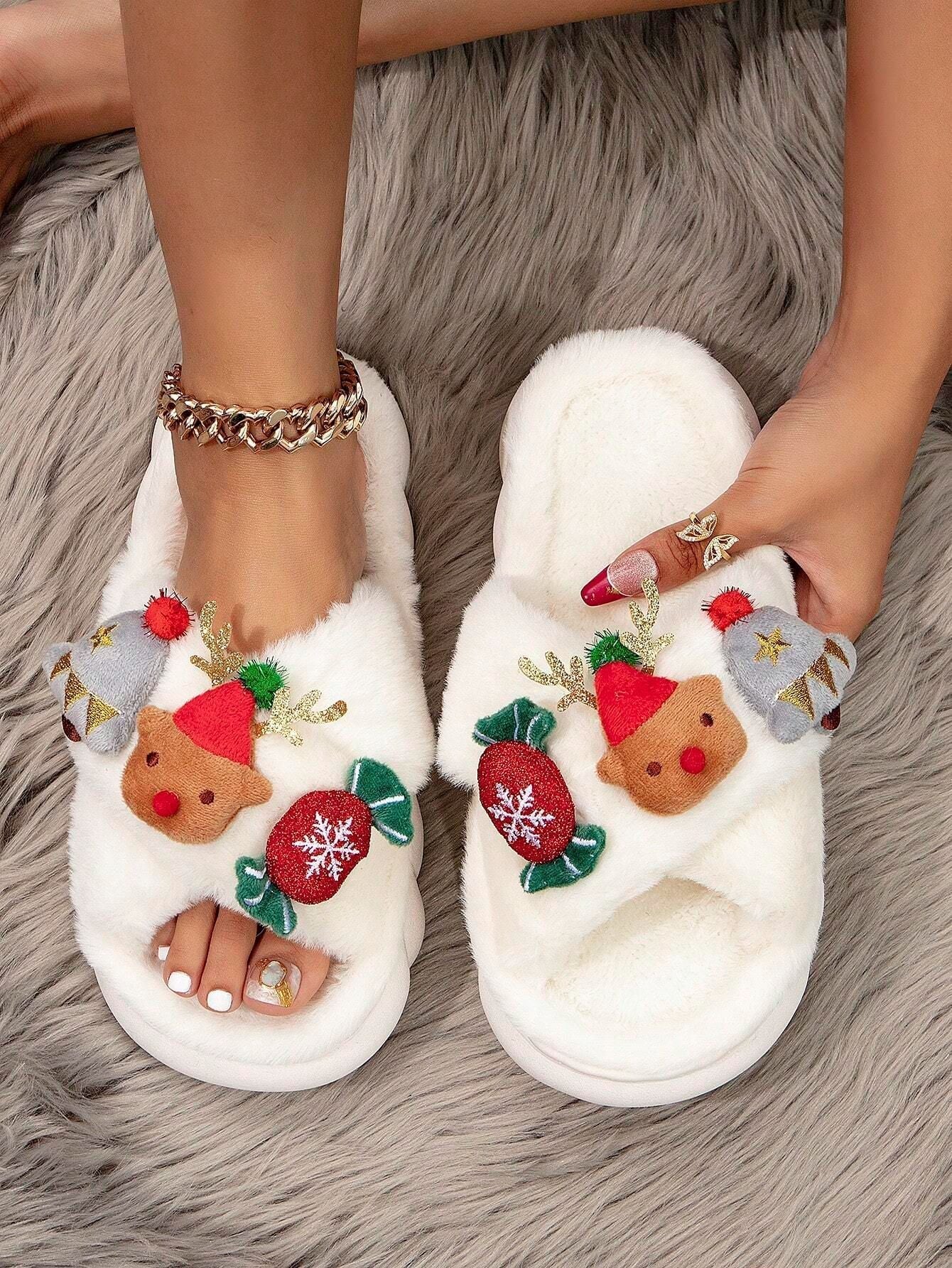 Christmas Cartoon Plush Slippers, Unisex Lightweight Thick - Soled Anti - Slip Fuzzy Slippers for Couples & Family(white - 41 - 42) - casaculinary