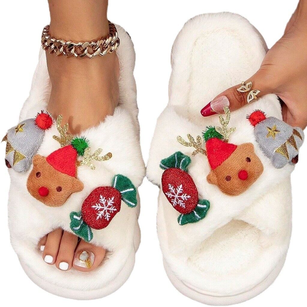 Christmas Cartoon Plush Slippers, Unisex Lightweight Thick - Soled Anti - Slip Fuzzy Slippers for Couples & Family(white - 41 - 42) - casaculinary