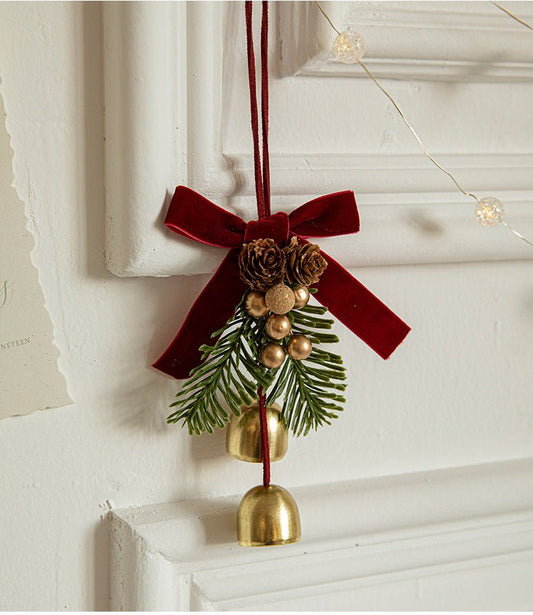 Christmas Hanging Ornament with Pinecones, Bells, and Velvet Bow - 14x10cm Festive Decoration(3 PCS) 