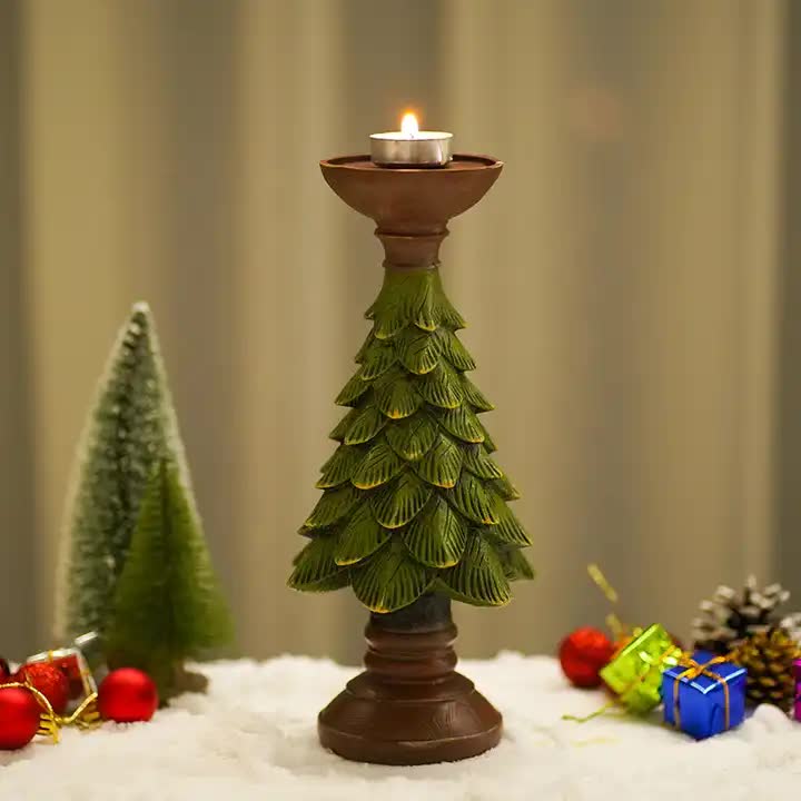 Christmas Tree Candle Holder - Rustic Resin Pillar Stand, 12cm Festive Decoration - casaculinary