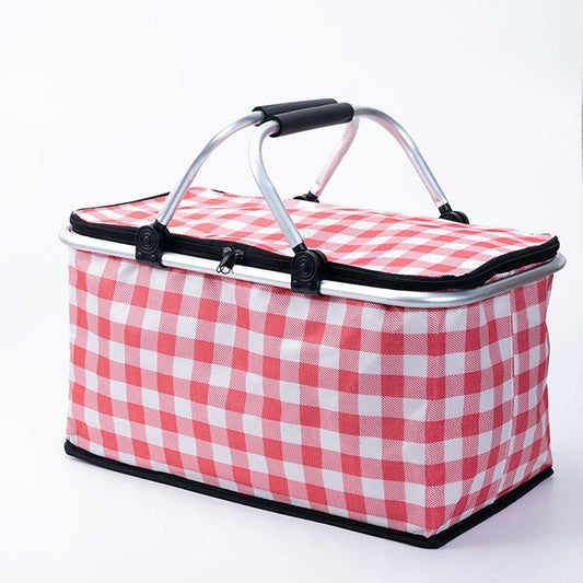 Collapsible Outdoor Camping Portable Insulated Picnic Basket Camping Picnic Ice Pack(Red Grid) 