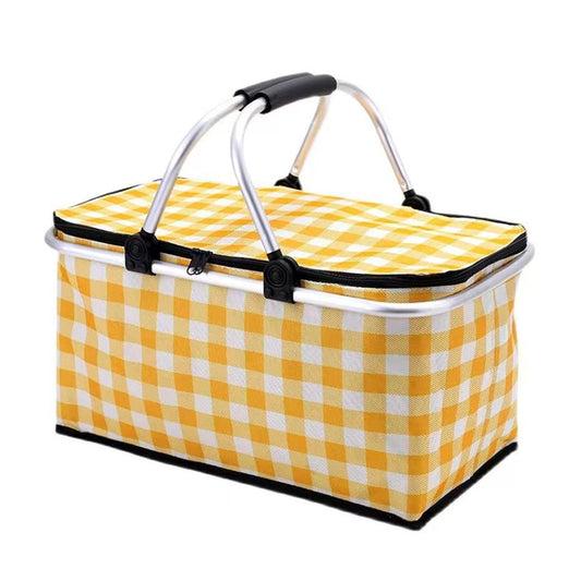 Collapsible Outdoor Camping Portable Insulated Picnic Basket Camping Picnic Ice Pack(Yellow Grid) 