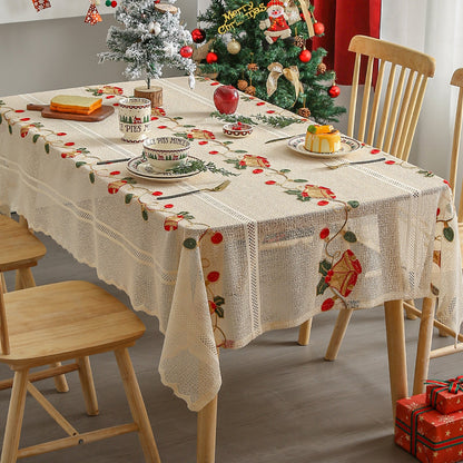 Embroidered Christmas Tablecloth - Embroidered Bells & Holly Design (140*200cm) - casaculinary
